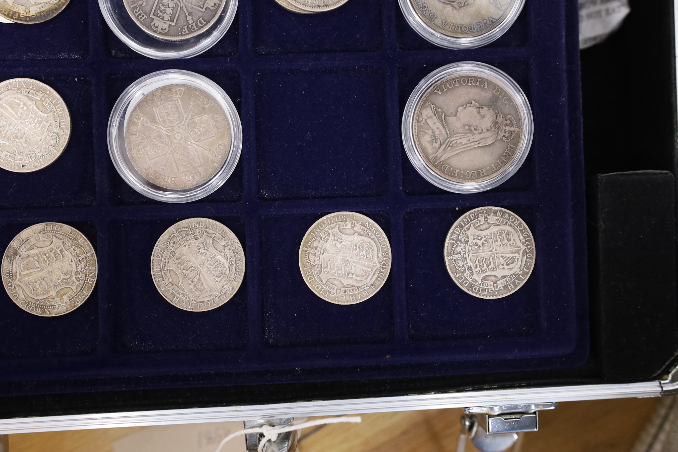 UK coins, a case of George III to George VI silver crowns, half crowns, florins, shillings, 6d, 3d, pennies etc